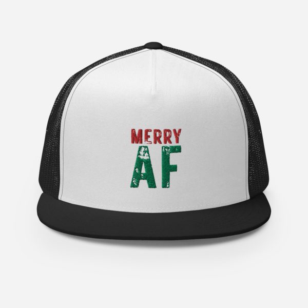 Front view of black-white Merry AF cap.