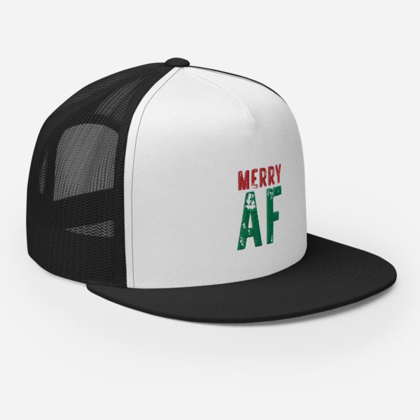 Right side front view of black-white Merry AF cap.