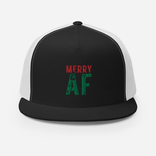 Front view of black-white Merry AF cap.