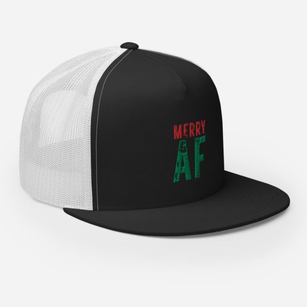 Right front view of black-white Merry AF cap.