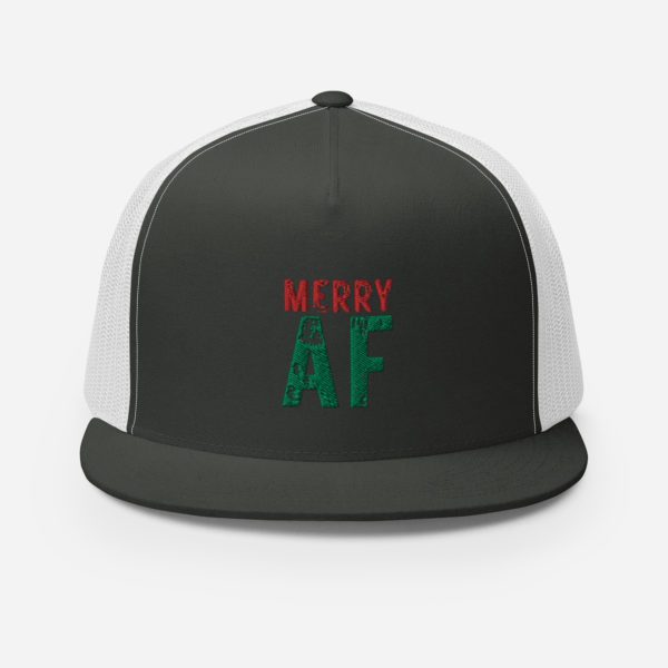 Front view of charcoal-white Merry AF cap.