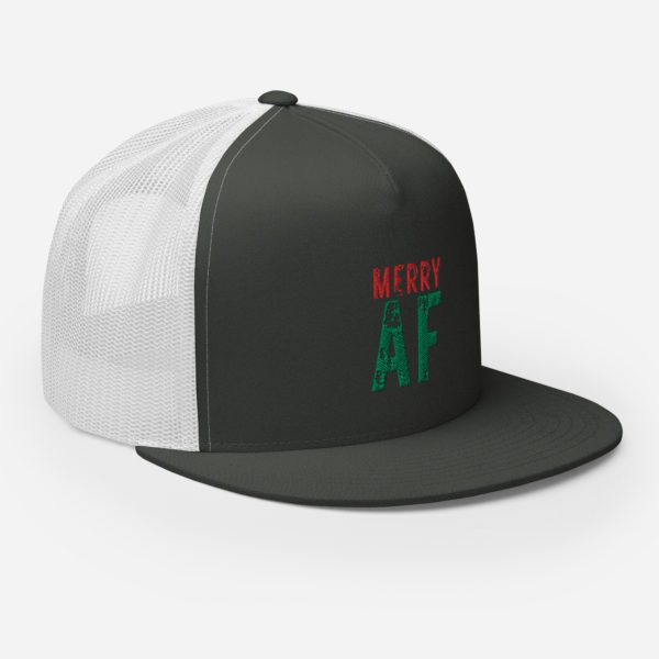 Front right side view of charcoal-white Merry AF cap.