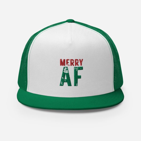 Front view of green-white Merry AF cap.