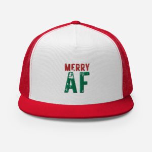 Front view of red-white Merry AF cap.