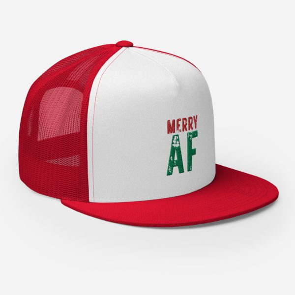 Right front view of red-white Merry AF cap.