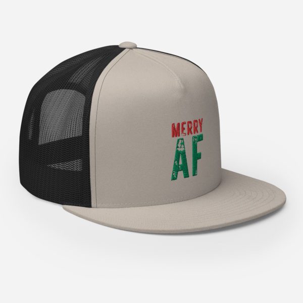 front side view of silver-black Merry AF cap.