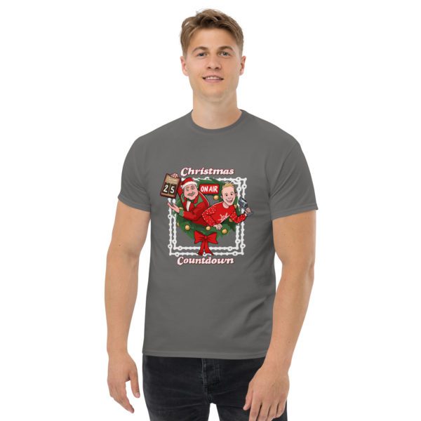 Model for charcoal Christmas Countdown T-shirt.