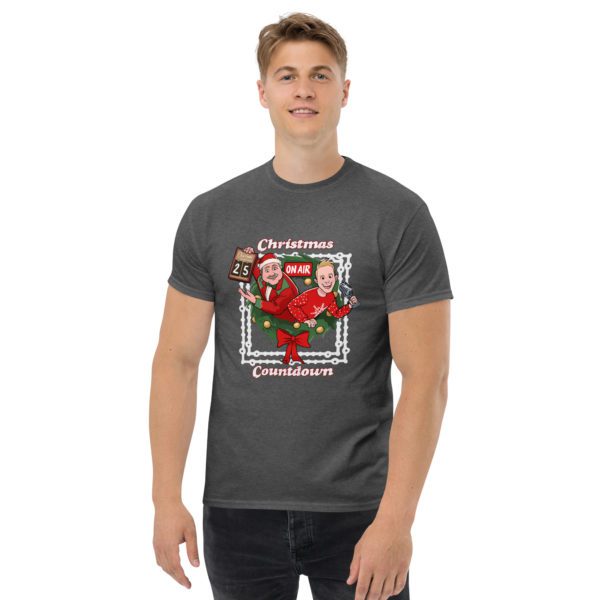 Model for grey Christmas Countdown T-shirt.