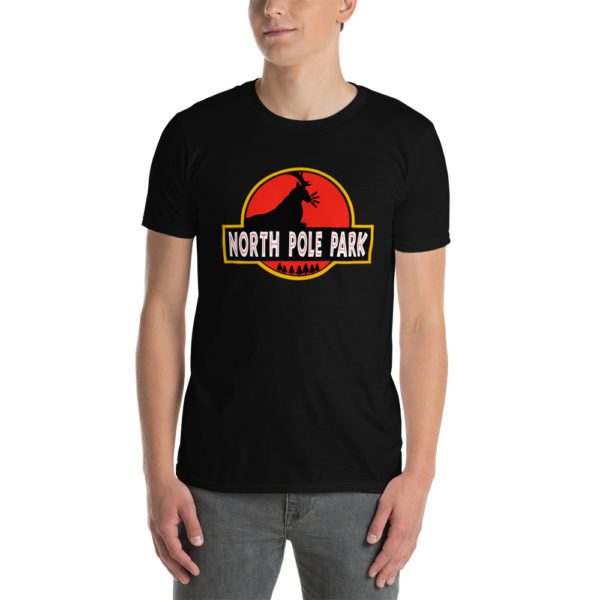Model for black North Pole Park T-shirt.
