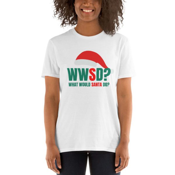 Model for white WWSD T-shirt.