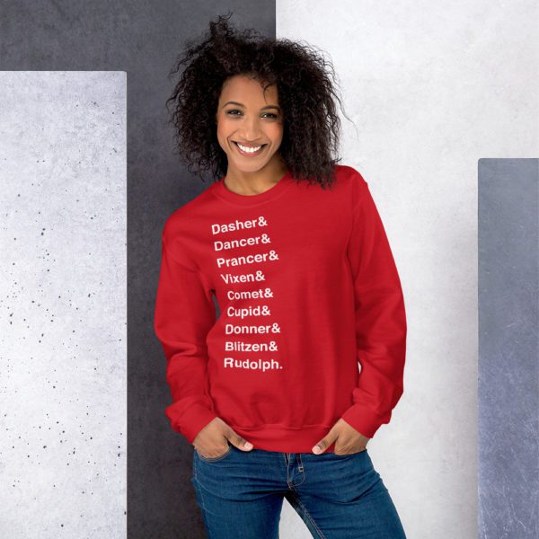 Model for red Santa's Reindeer sweatshirt.
