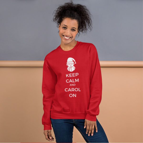 Model for red "Keep Calm and Carol On" sweatshirt.