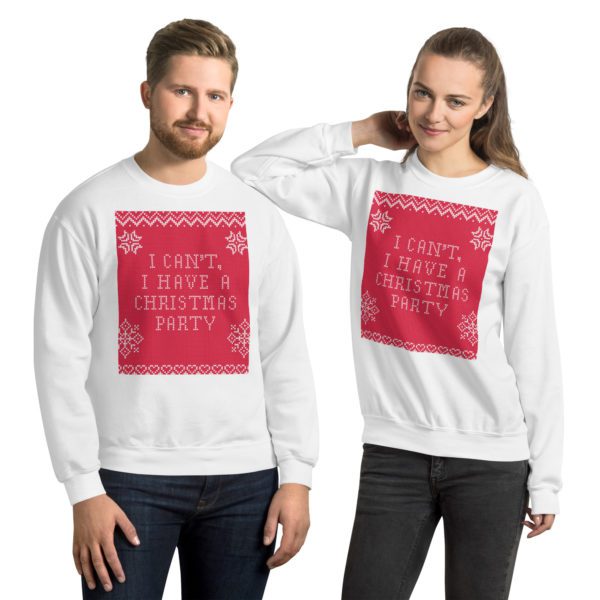 Couple model for "I can't, I have A Christmas Party" sweatshirt.