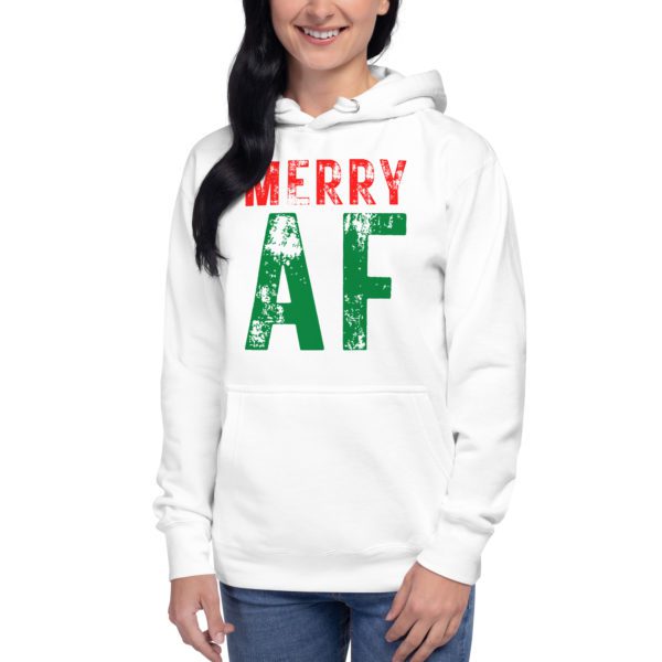 Model for white unisex Merry AF hoodie.