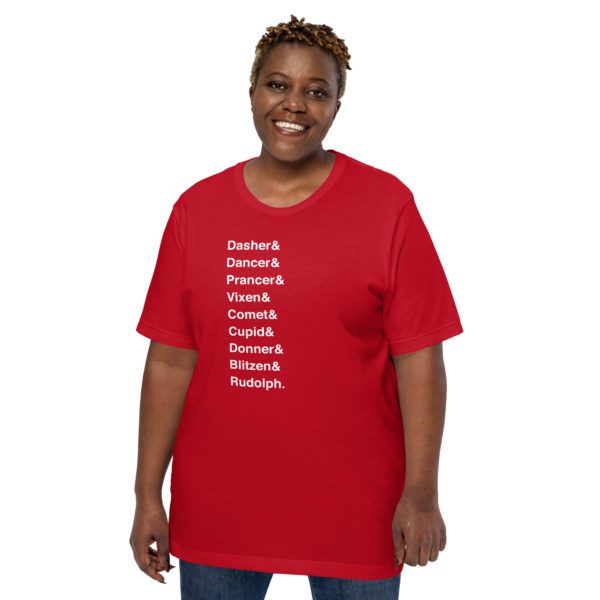 Modell for red Santa's Reindeer T-shirt.