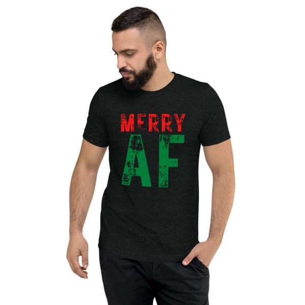 Model for charcoal black Merry AF T-shirt.