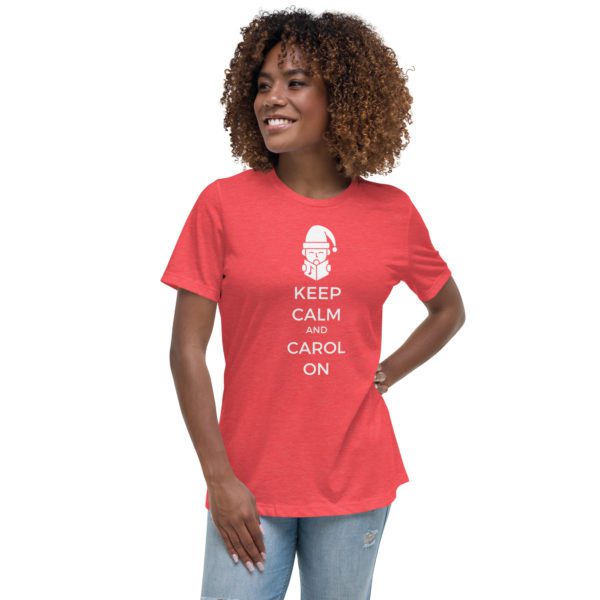 Model for Model for red Keep Calm and Carol On women's shirt.