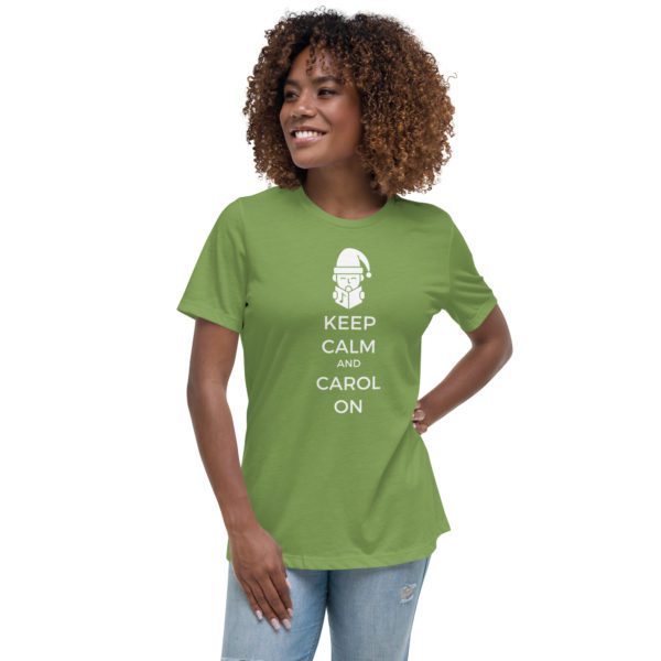 Model for leaf color Keep Calm and Carol On women's shirt.