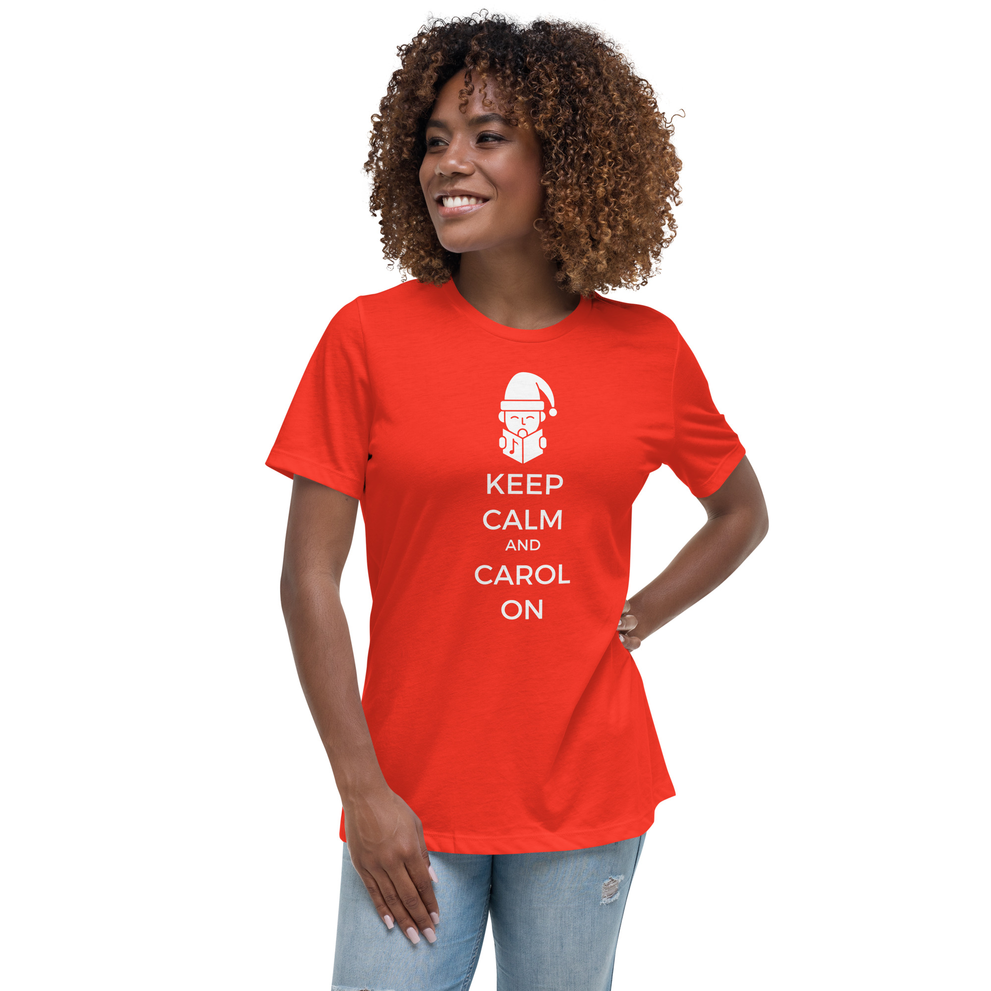 Model for poppy color Keep Calm and Carol On women's shirt.