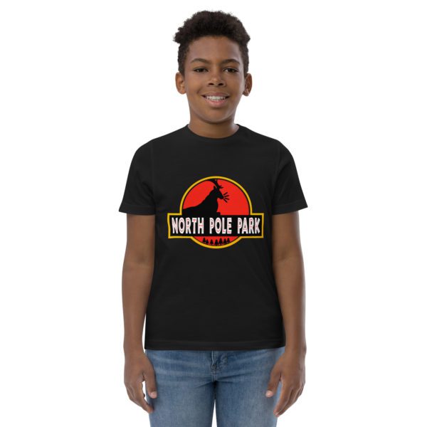 Model for a black North Pole Park Youth shirt.